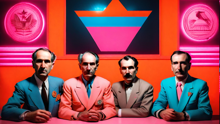 Cuatro hombres vestidos de traje sobre un fondo de colores neón